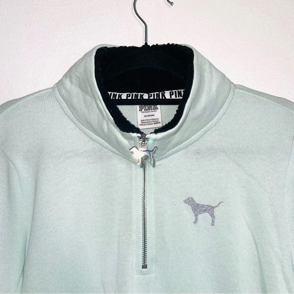 PINK Victoria’s Secret Mint Green Sherpa Collar 1/4 Zip Sweatshirt Medium Women - Picture 2 of 10